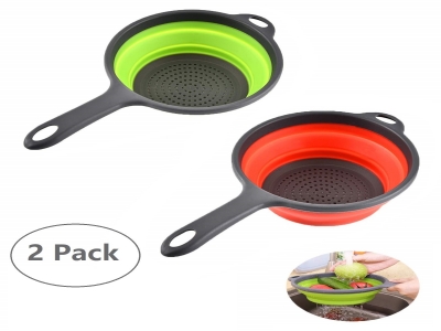 2 Pack Kitchen Foldable Silicone Colanders, Collapsible Colanders with Handles, Space-Saver Folding Strainer Colander for Draining Pasta, Vegetable (Green and Red)