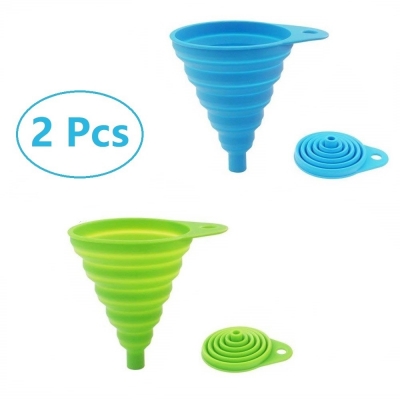 ddLUCK 2 Pack Silicone Collapsible Funnel, Flexible/Foldable/Kitchen Funnel for Water Bottle Liquid Transfer Narrow and Wide Mouth Funnels Hopper (Green and Blue）